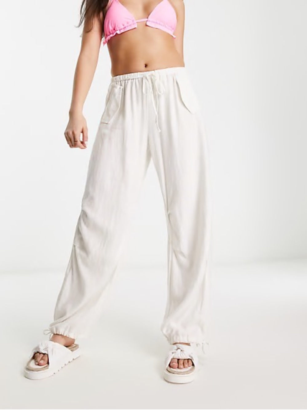 Pull and Bear Linen Relaxed Drawstring Wide-Leg Pants - White